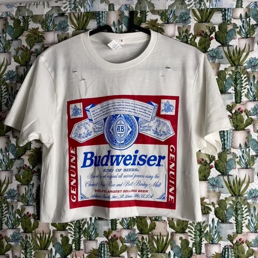 Brand New Distressed Budweiser King of Beers Graphic Ladies White Crop Top SM-XL